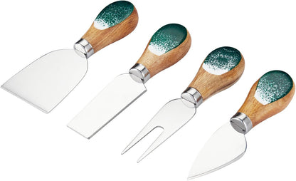 Cheese Knives Set with Wooden and Resin Handle, Mini Steel Stainless Cheese Knife with Wood Set for Charcuterie and Cheese Spread, Perfect for Cheese Slicer and Butter Cutter (Green, 4pcs)