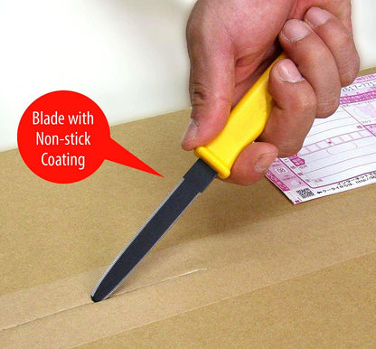 Cardboard Cutter with Sheath - 7.5" Box Opener Utility Knife with Non-Stick Coated Blade for Breaking Down Boxes & Opening Packages - Made in Japan, Yellow