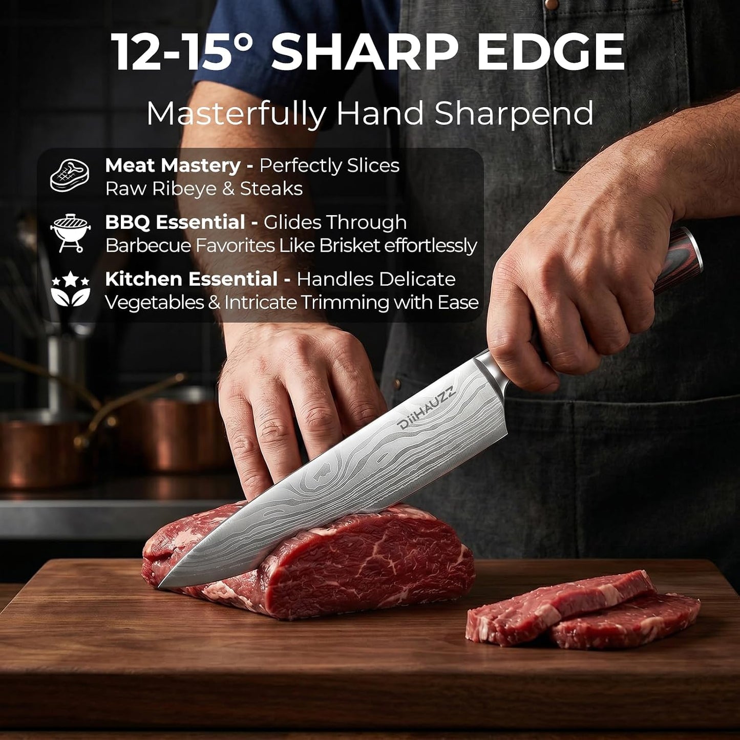 8 Inch Chef Knife, High Carbon Stainless Steel - Ultra Sharp Kitchen Gyutou Knife for Slicing Meat, Dicing Vegetables and Daily Meal Prep, Ergonomic Handle with Sheath, Gift Box