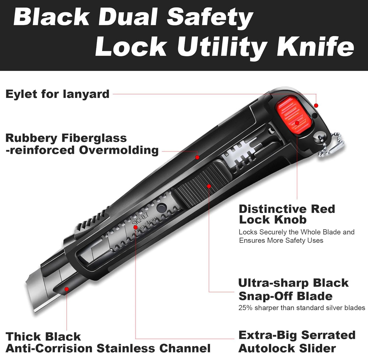 25mm Extra Heavy Duty Utility Knife with Double Lock Mechanism, Auto-Lock and Ratchet- Lock for Double Safety, SK2 Sharp Black Blade for Industrial or Construction Applications HT0254-KN