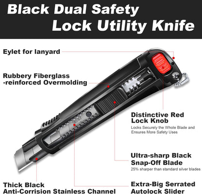 25mm Extra Heavy Duty Utility Knife with Double Lock Mechanism, Auto-Lock and Ratchet- Lock for Double Safety, SK2 Sharp Black Blade for Industrial or Construction Applications HT0254-KN
