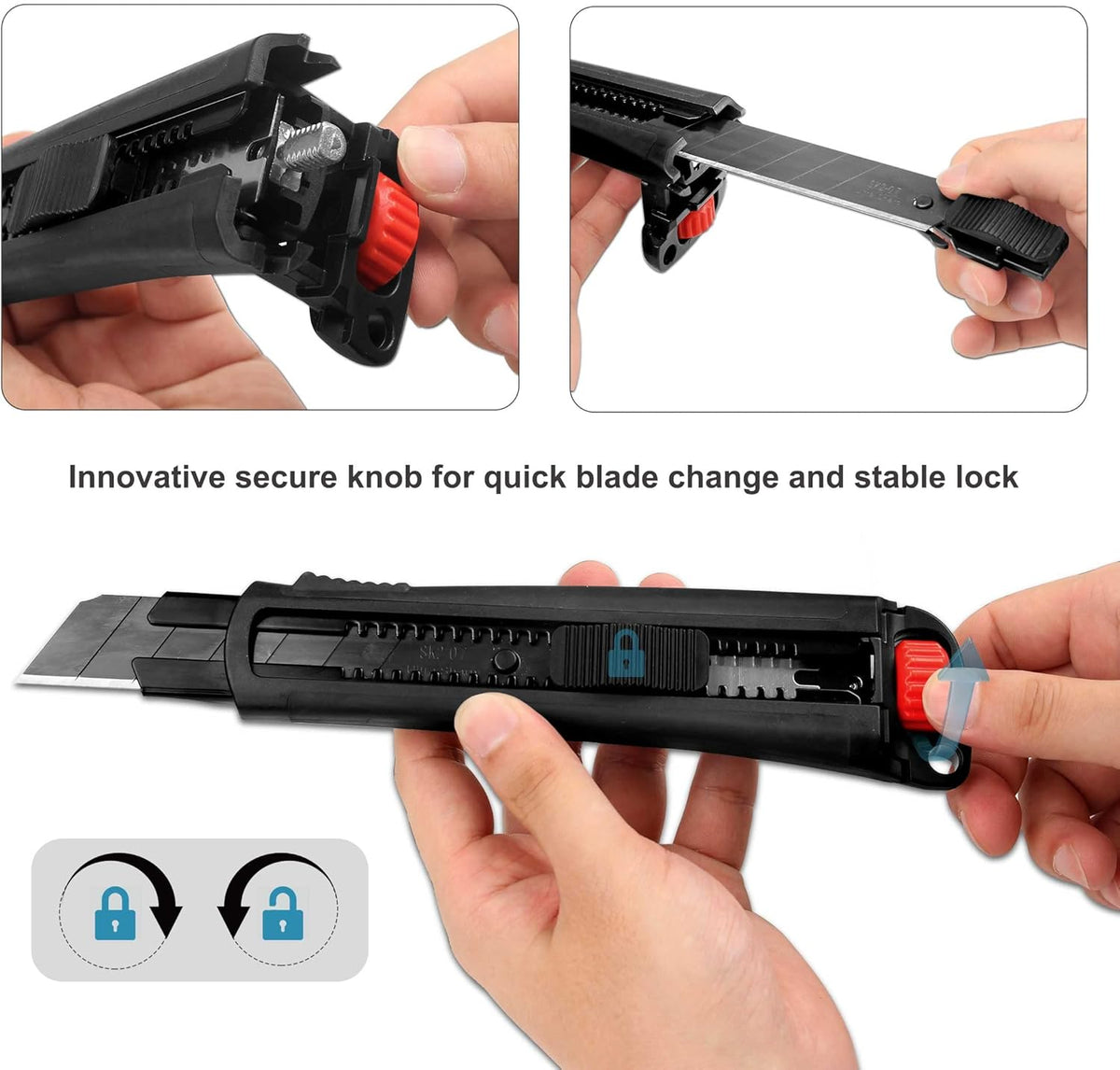 25mm Extra Heavy Duty Utility Knife with Double Lock Mechanism, Auto-Lock and Ratchet- Lock for Double Safety, SK2 Sharp Black Blade for Industrial or Construction Applications HT0254-KN