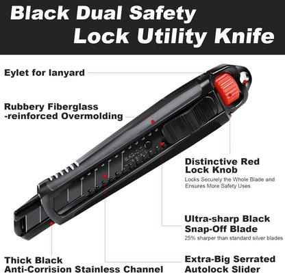 25mm Extra Heavy Duty Utility Knife with Double Lock Mechanism, Auto-Lock and Ratchet- Lock for Double Safety, SK2 Sharp Black Blade for Industrial or Construction Applications HT0254-KN