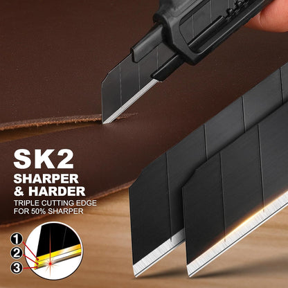 25mm Extra Heavy Duty Utility Knife with Double Lock Mechanism, Auto-Lock and Ratchet- Lock for Double Safety, SK2 Sharp Black Blade for Industrial or Construction Applications HT0254-KN