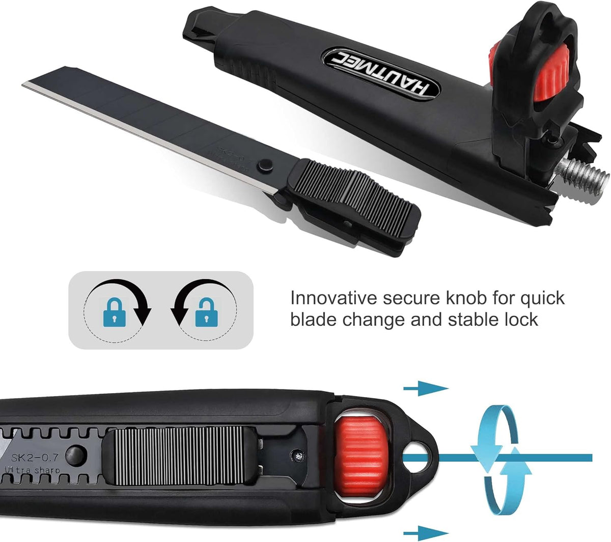 25mm Extra Heavy Duty Utility Knife with Double Lock Mechanism, Auto-Lock and Ratchet- Lock for Double Safety, SK2 Sharp Black Blade for Industrial or Construction Applications HT0254-KN