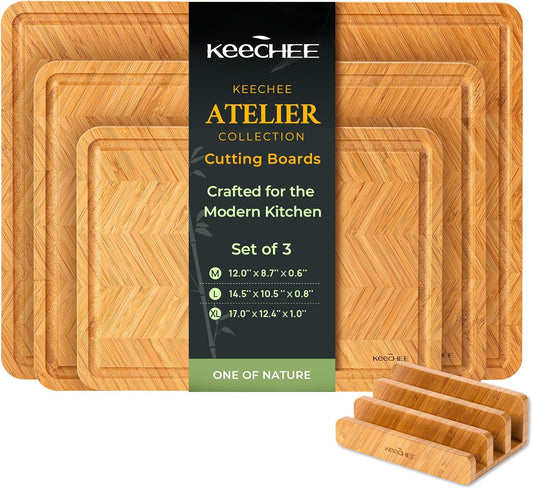 Bamboo Cutting Board, Reversible Wood Cutting Boards for Kitchen with Juice Grooves, Atelier Collection Handcrafted Large Serving Tray, Luxury Housewarming Wedding Gifts for New Home