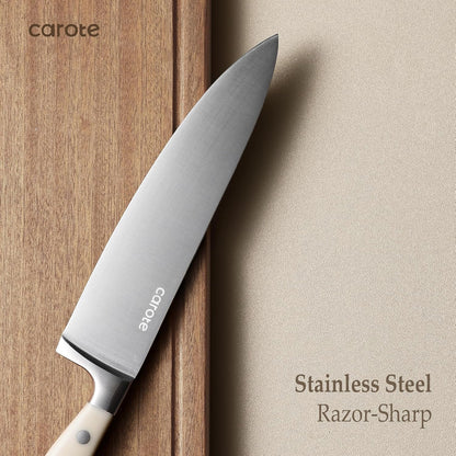 14-Piece Knife Set with Wood Block, Rust-Resistant, Cream | Razor-Sharp High Carbon Stainless Steel Knives, Long-Lasting Sharpness, Forged, Triple-Riveted Ergonomic Non-Slip Handles