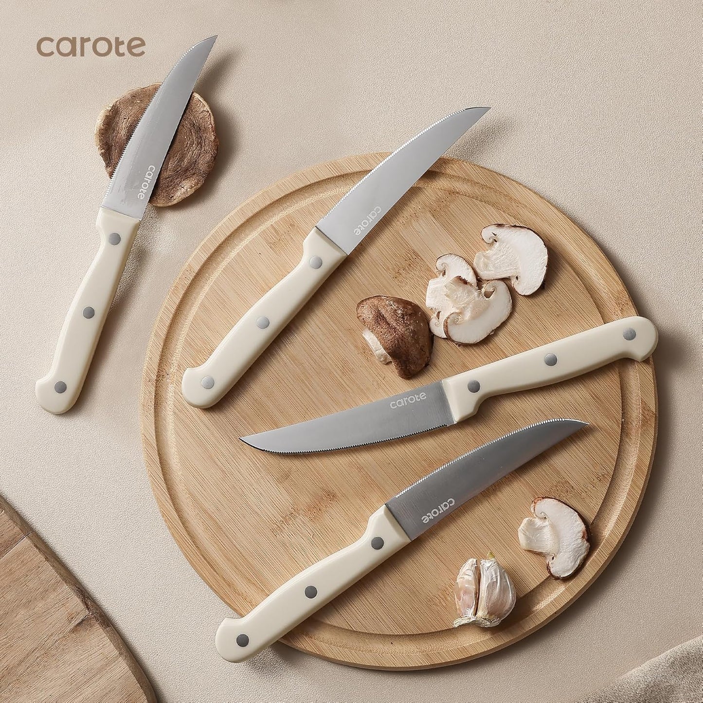 14-Piece Knife Set with Wood Block, Rust-Resistant, Cream | Razor-Sharp High Carbon Stainless Steel Knives, Long-Lasting Sharpness, Forged, Triple-Riveted Ergonomic Non-Slip Handles