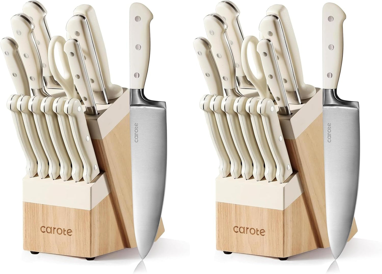 14-Piece Knife Set with Wood Block, Rust-Resistant, Cream | Razor-Sharp High Carbon Stainless Steel Knives, Long-Lasting Sharpness, Forged, Triple-Riveted Ergonomic Non-Slip Handles