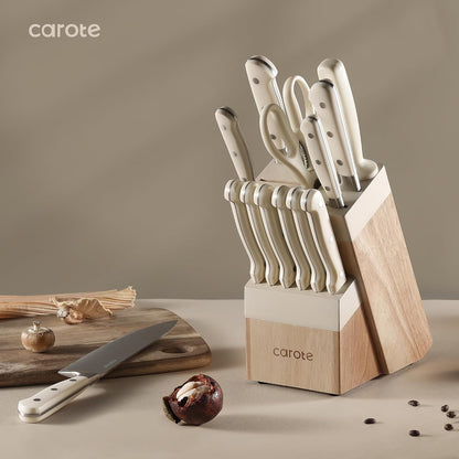 14-Piece Knife Set with Wood Block, Rust-Resistant, Cream | Razor-Sharp High Carbon Stainless Steel Knives, Long-Lasting Sharpness, Forged, Triple-Riveted Ergonomic Non-Slip Handles