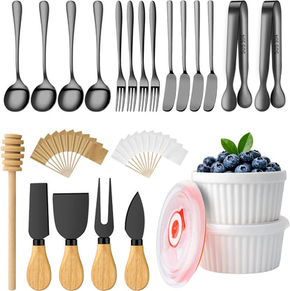 Charcuterie Boards Accessories Bowls with Lids, Cheese Butter Spreader Knife Set Mini Serving Tongs, Forks, Spoons,Dipping Bowls, Toothpick Flags, Honey Dippers For Party Platter Making (Silver)