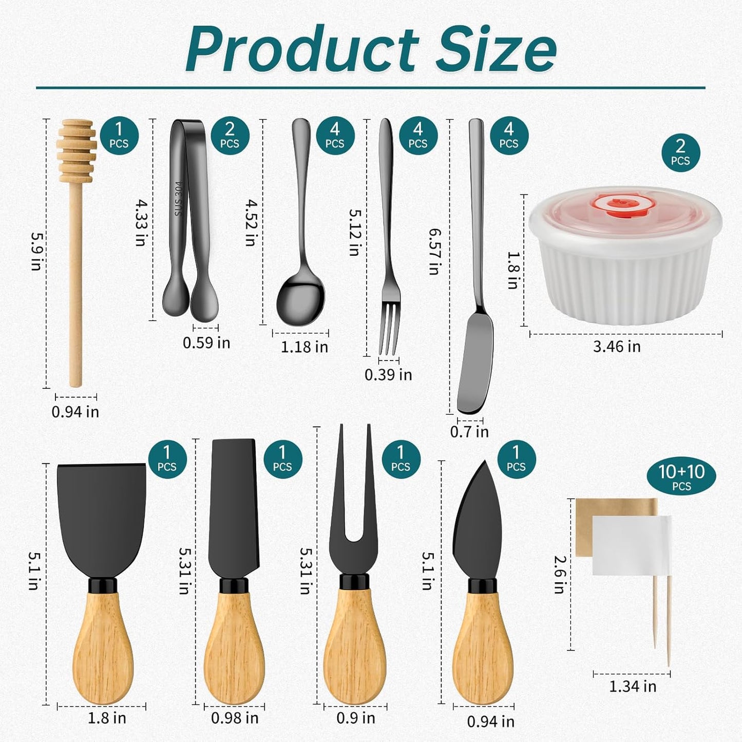 Charcuterie Boards Accessories Bowls with Lids, Cheese Butter Spreader Knife Set Mini Serving Tongs, Forks, Spoons,Dipping Bowls, Toothpick Flags, Honey Dippers For Party Platter Making (Silver)