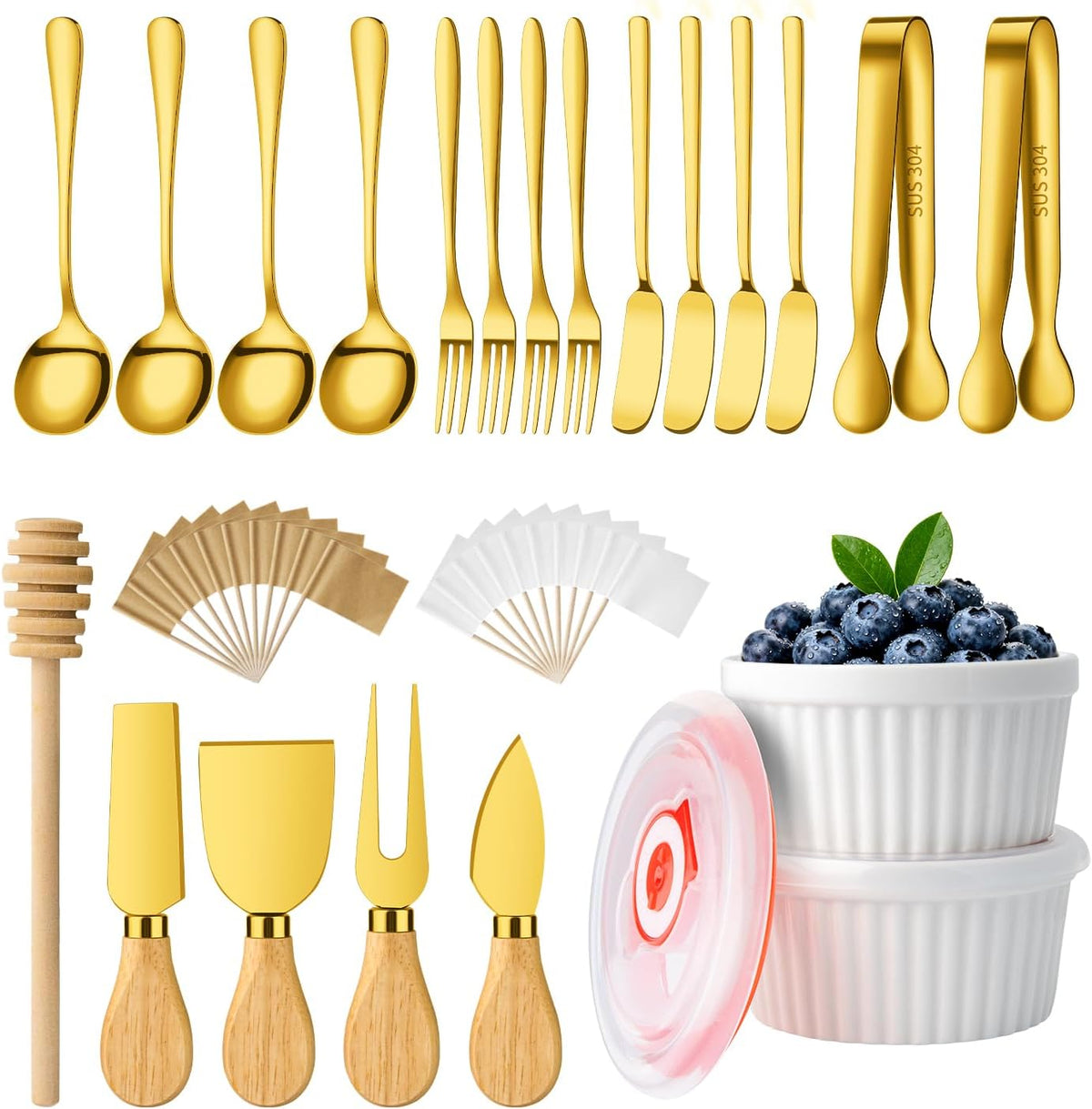 Charcuterie Boards Accessories Bowls with Lids, Cheese Butter Spreader Knife Set Mini Serving Tongs, Forks, Spoons,Dipping Bowls, Toothpick Flags, Honey Dippers For Party Platter Making (Silver)