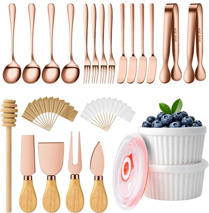 Charcuterie Boards Accessories Bowls with Lids, Cheese Butter Spreader Knife Set Mini Serving Tongs, Forks, Spoons,Dipping Bowls, Toothpick Flags, Honey Dippers For Party Platter Making (Silver)