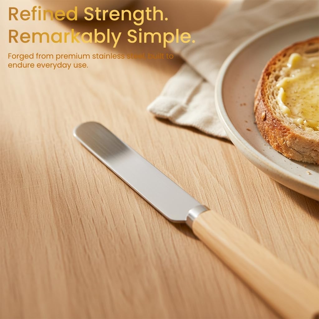 Butter Knife Set of 2 – Oak Wood Handle Butter Knives for Butter, Cheese, Jam, Cream Cheese, Toast, Pastry, Sandwich – 17.5cm Stainless Steel Spreader Knives