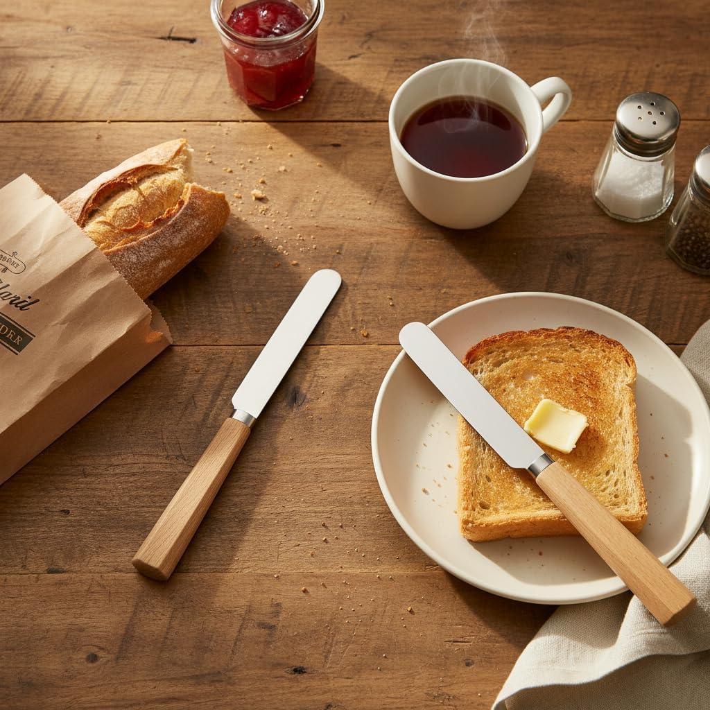 Butter Knife Set of 2 – Oak Wood Handle Butter Knives for Butter, Cheese, Jam, Cream Cheese, Toast, Pastry, Sandwich – 17.5cm Stainless Steel Spreader Knives