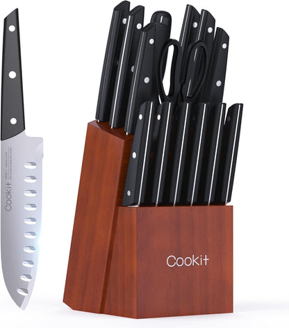 Knife Set with Block, 15 Pieces Kitchen Knife Set with Pine Block Holder, Knife Block Set with Sharpener, High Stainless Steel Knives with Comfortable-Grip ABS Handles