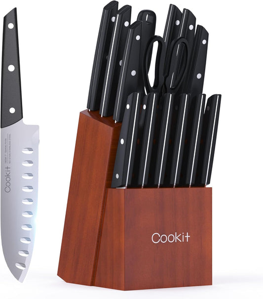 Knife Set with Block, 15 Pieces Kitchen Knife Set with Pine Block Holder, Knife Block Set with Sharpener, High Stainless Steel Knives with Comfortable-Grip ABS Handles