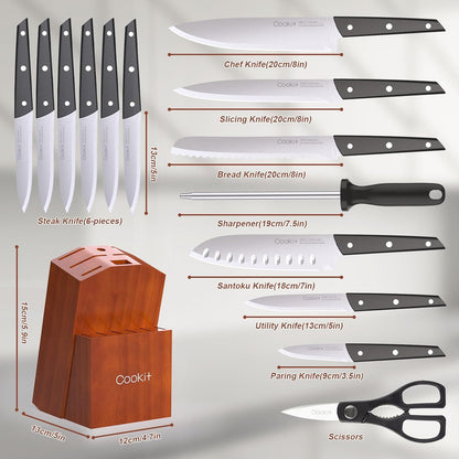 Knife Set with Block, 15 Pieces Kitchen Knife Set with Pine Block Holder, Knife Block Set with Sharpener, High Stainless Steel Knives with Comfortable-Grip ABS Handles