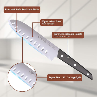 Knife Set with Block, 15 Pieces Kitchen Knife Set with Pine Block Holder, Knife Block Set with Sharpener, High Stainless Steel Knives with Comfortable-Grip ABS Handles
