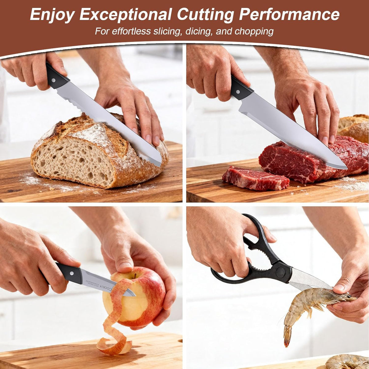Knife Set with Block, 15 Pieces Kitchen Knife Set with Pine Block Holder, Knife Block Set with Sharpener, High Stainless Steel Knives with Comfortable-Grip ABS Handles