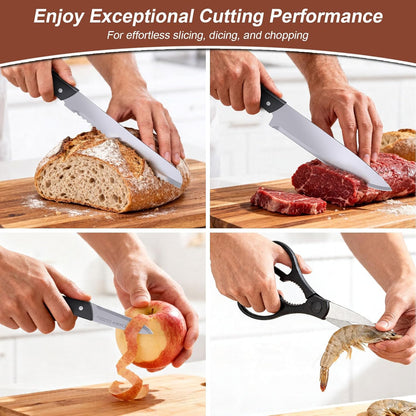 Knife Set with Block, 15 Pieces Kitchen Knife Set with Pine Block Holder, Knife Block Set with Sharpener, High Stainless Steel Knives with Comfortable-Grip ABS Handles