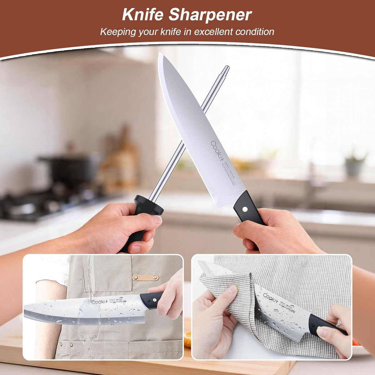 Knife Set with Block, 15 Pieces Kitchen Knife Set with Pine Block Holder, Knife Block Set with Sharpener, High Stainless Steel Knives with Comfortable-Grip ABS Handles