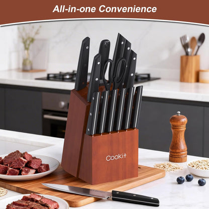 Knife Set with Block, 15 Pieces Kitchen Knife Set with Pine Block Holder, Knife Block Set with Sharpener, High Stainless Steel Knives with Comfortable-Grip ABS Handles