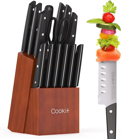 Knife Set with Block, 15 Pieces Kitchen Knife Set with Pine Block Holder, Knife Block Set with Sharpener, High Stainless Steel Knives with Comfortable-Grip ABS Handles