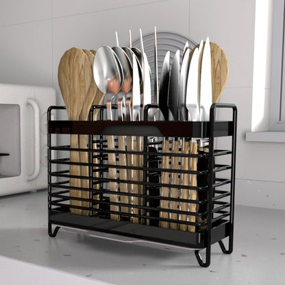 Kitchen Utensil Holder, Silverware Organizer Holder, Kitchen Counter Drainer Basket Cutlery for Flatware, Spoons, Forks, and Knives, Stainless Steel Utensil Drying Rack with Drain Tray (3 Cells)