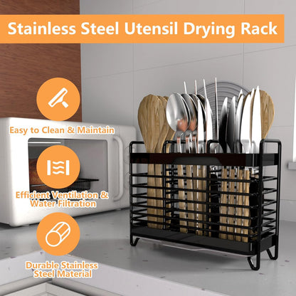Kitchen Utensil Holder, Silverware Organizer Holder, Kitchen Counter Drainer Basket Cutlery for Flatware, Spoons, Forks, and Knives, Stainless Steel Utensil Drying Rack with Drain Tray (3 Cells)