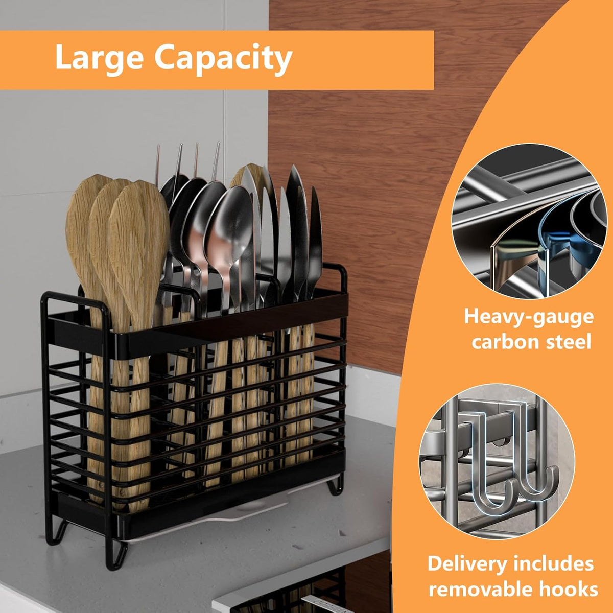Kitchen Utensil Holder, Silverware Organizer Holder, Kitchen Counter Drainer Basket Cutlery for Flatware, Spoons, Forks, and Knives, Stainless Steel Utensil Drying Rack with Drain Tray (3 Cells)
