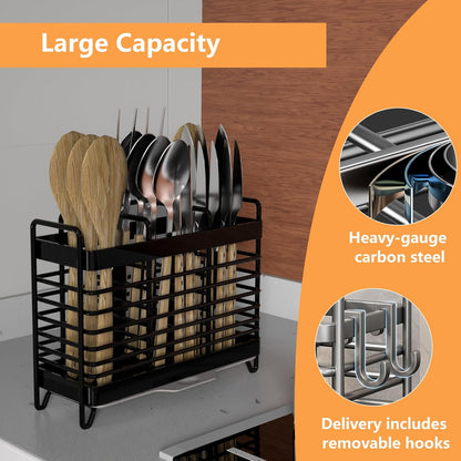 Kitchen Utensil Holder, Silverware Organizer Holder, Kitchen Counter Drainer Basket Cutlery for Flatware, Spoons, Forks, and Knives, Stainless Steel Utensil Drying Rack with Drain Tray (3 Cells)