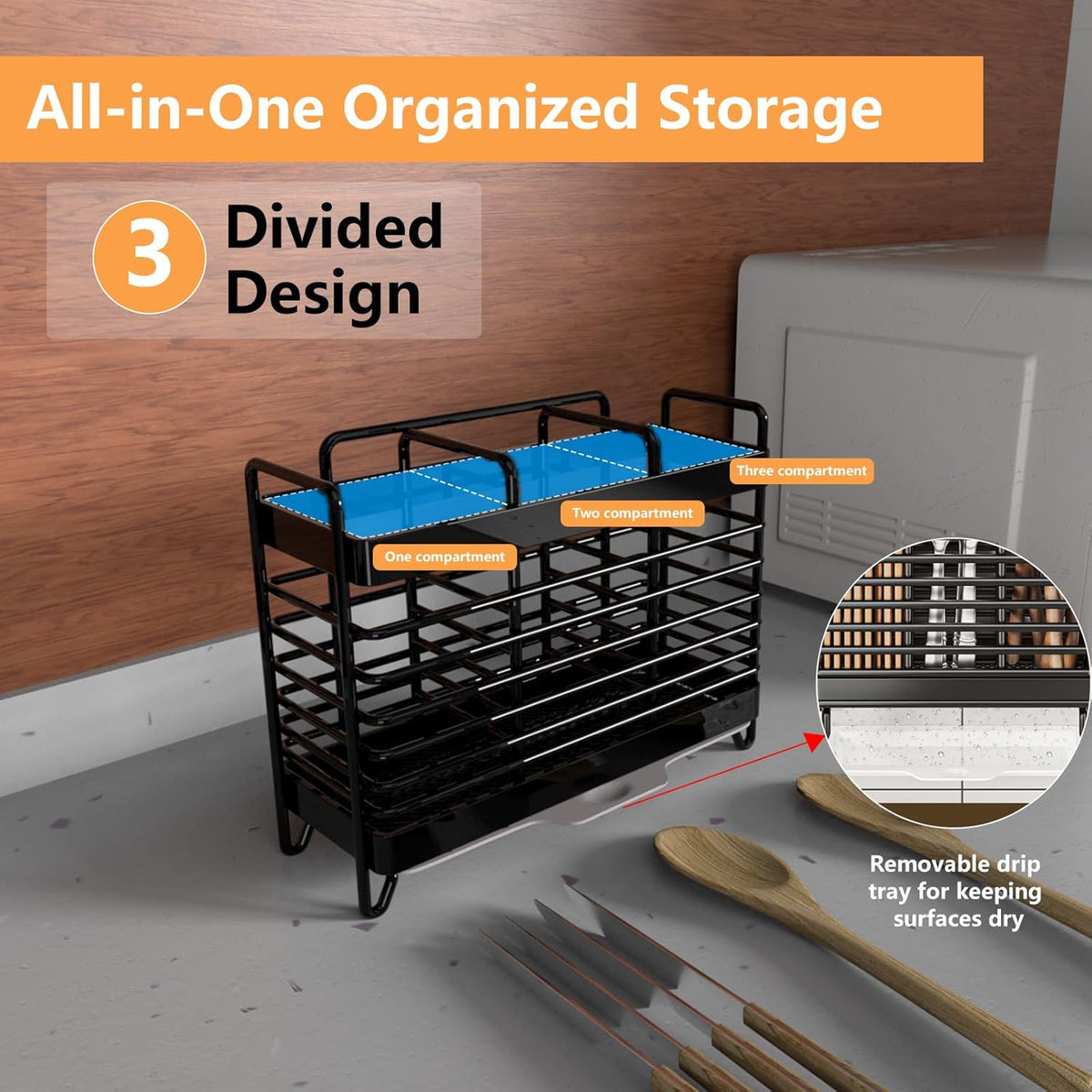 Kitchen Utensil Holder, Silverware Organizer Holder, Kitchen Counter Drainer Basket Cutlery for Flatware, Spoons, Forks, and Knives, Stainless Steel Utensil Drying Rack with Drain Tray (3 Cells)