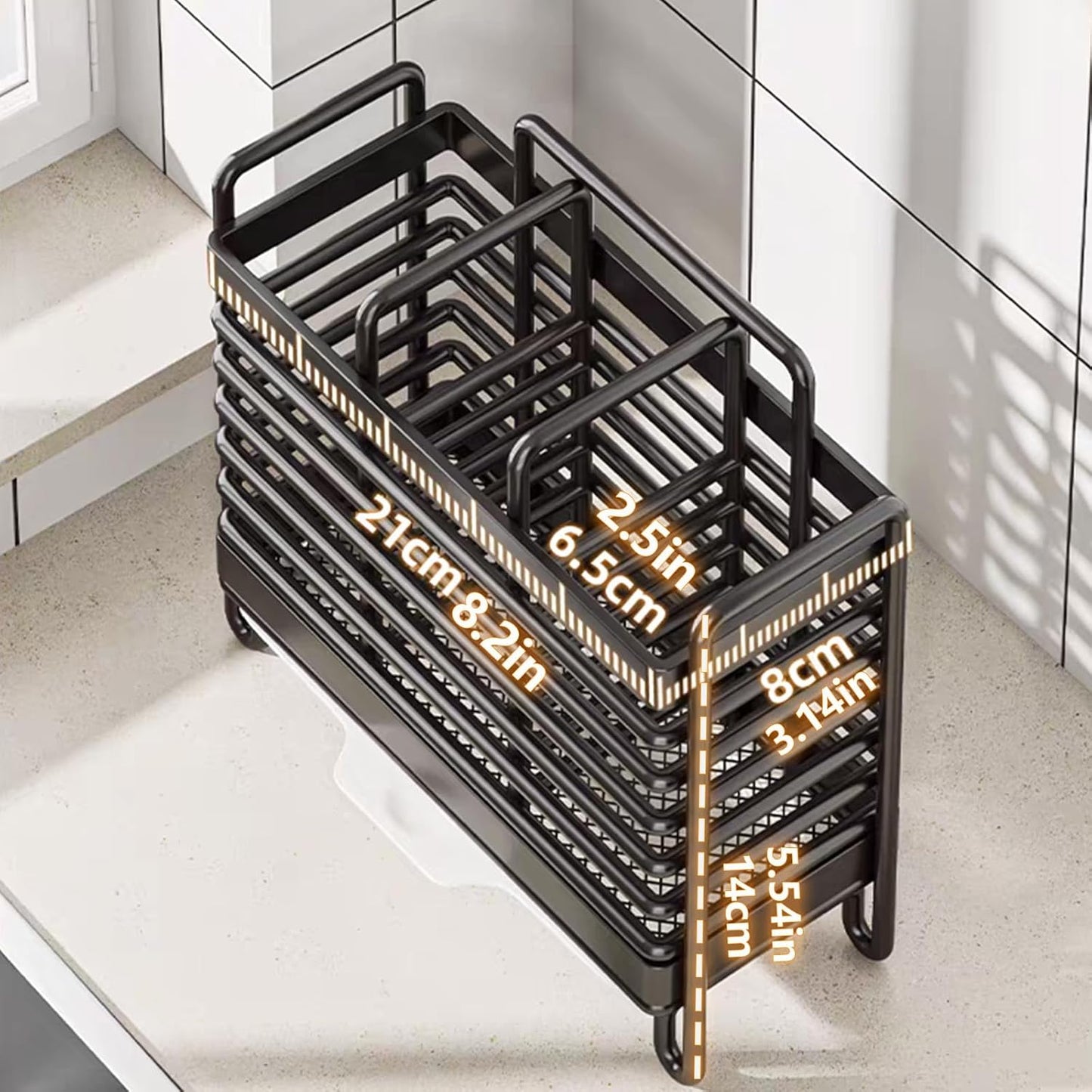 Kitchen Utensil Holder, Silverware Organizer Holder, Kitchen Counter Drainer Basket Cutlery for Flatware, Spoons, Forks, and Knives, Stainless Steel Utensil Drying Rack with Drain Tray (3 Cells)