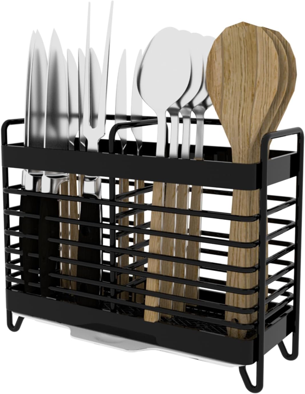 Kitchen Utensil Holder, Silverware Organizer Holder, Kitchen Counter Drainer Basket Cutlery for Flatware, Spoons, Forks, and Knives, Stainless Steel Utensil Drying Rack with Drain Tray (3 Cells)