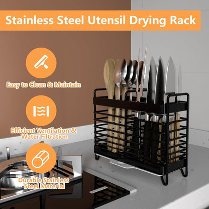 Kitchen Utensil Holder, Silverware Organizer Holder, Kitchen Counter Drainer Basket Cutlery for Flatware, Spoons, Forks, and Knives, Stainless Steel Utensil Drying Rack with Drain Tray (3 Cells)