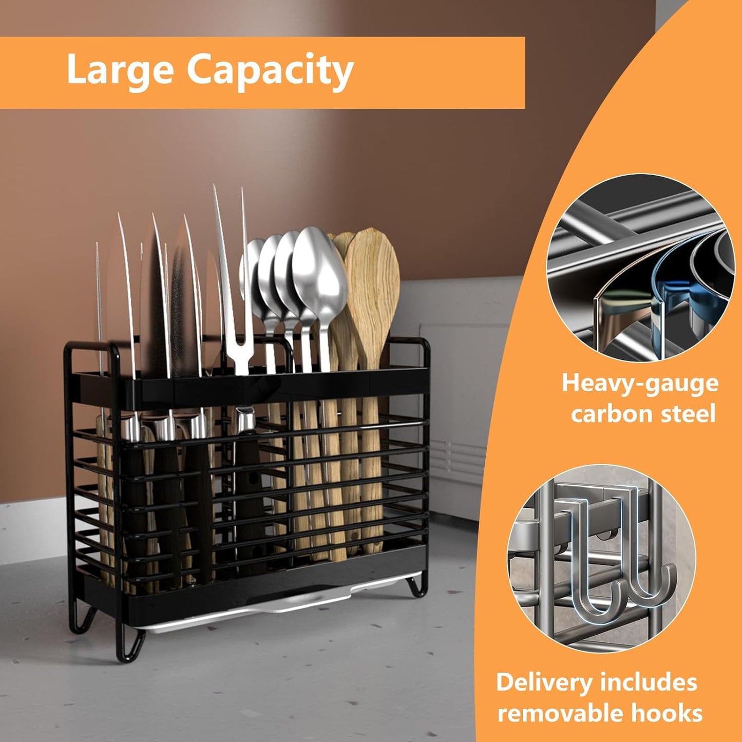 Kitchen Utensil Holder, Silverware Organizer Holder, Kitchen Counter Drainer Basket Cutlery for Flatware, Spoons, Forks, and Knives, Stainless Steel Utensil Drying Rack with Drain Tray (3 Cells)