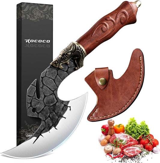 Viking Cleaver Knife Birthday - Kitchen Axe & Sheath Father Gift Men | Hand Forged High Carbon Steel Butcher Meat Cutting Boning Knife for Home Outdoor BBQ Camping Chirstmas Mother