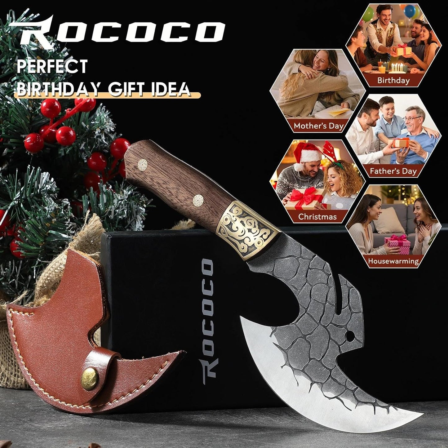 Viking Cleaver Knife Birthday - Kitchen Axe & Sheath Father Gift Men | Hand Forged High Carbon Steel Butcher Meat Cutting Boning Knife for Home Outdoor BBQ Camping Chirstmas Mother