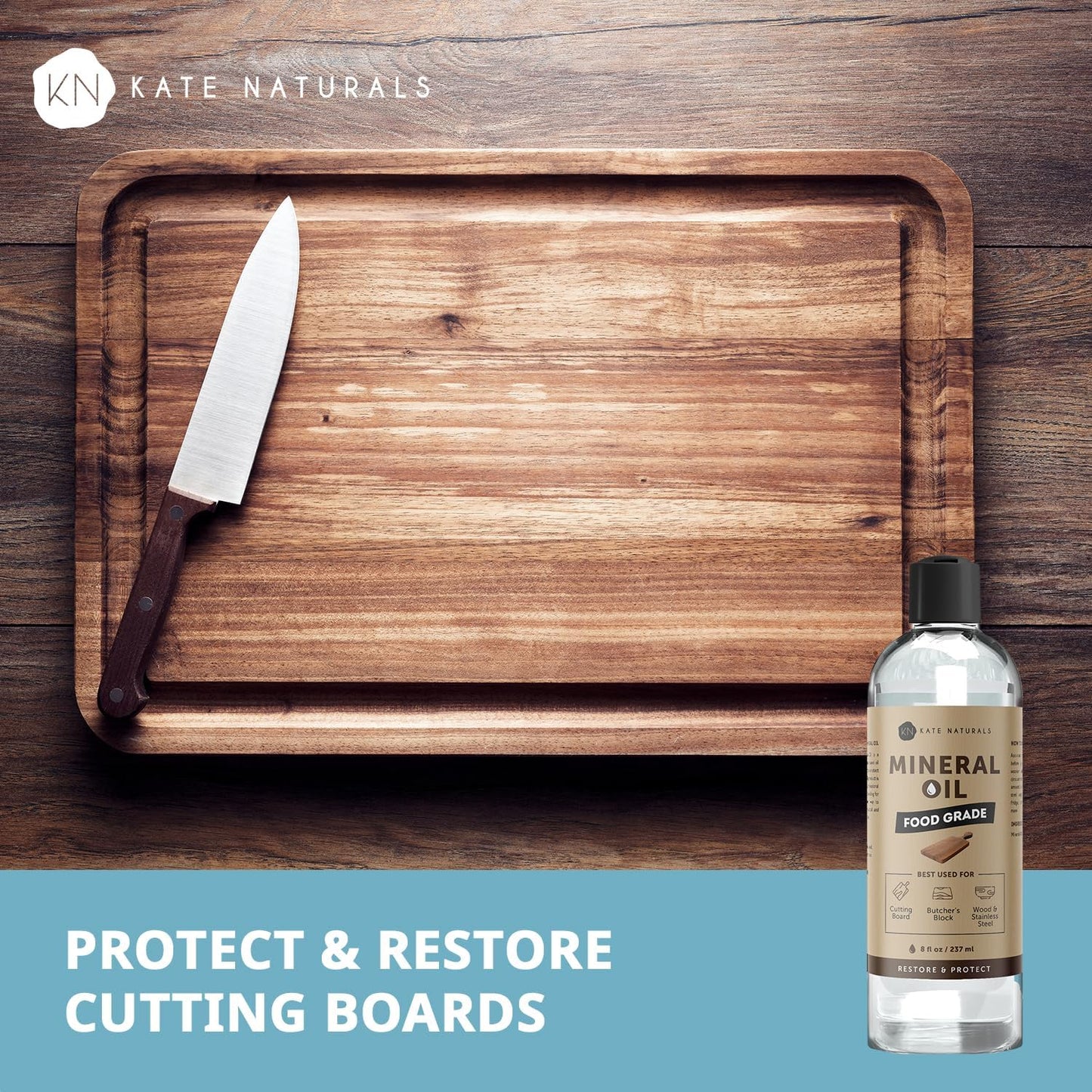 Mineral Oil for Wood Cutting Board, Butcher Block, and Knife. Food Grade Mineral Oil for Wooden Cutting Board & Utensils (8oz, Food Safe)