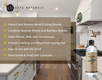 Mineral Oil for Wood Cutting Board, Butcher Block, and Knife. Food Grade Mineral Oil for Wooden Cutting Board & Utensils (8oz, Food Safe)