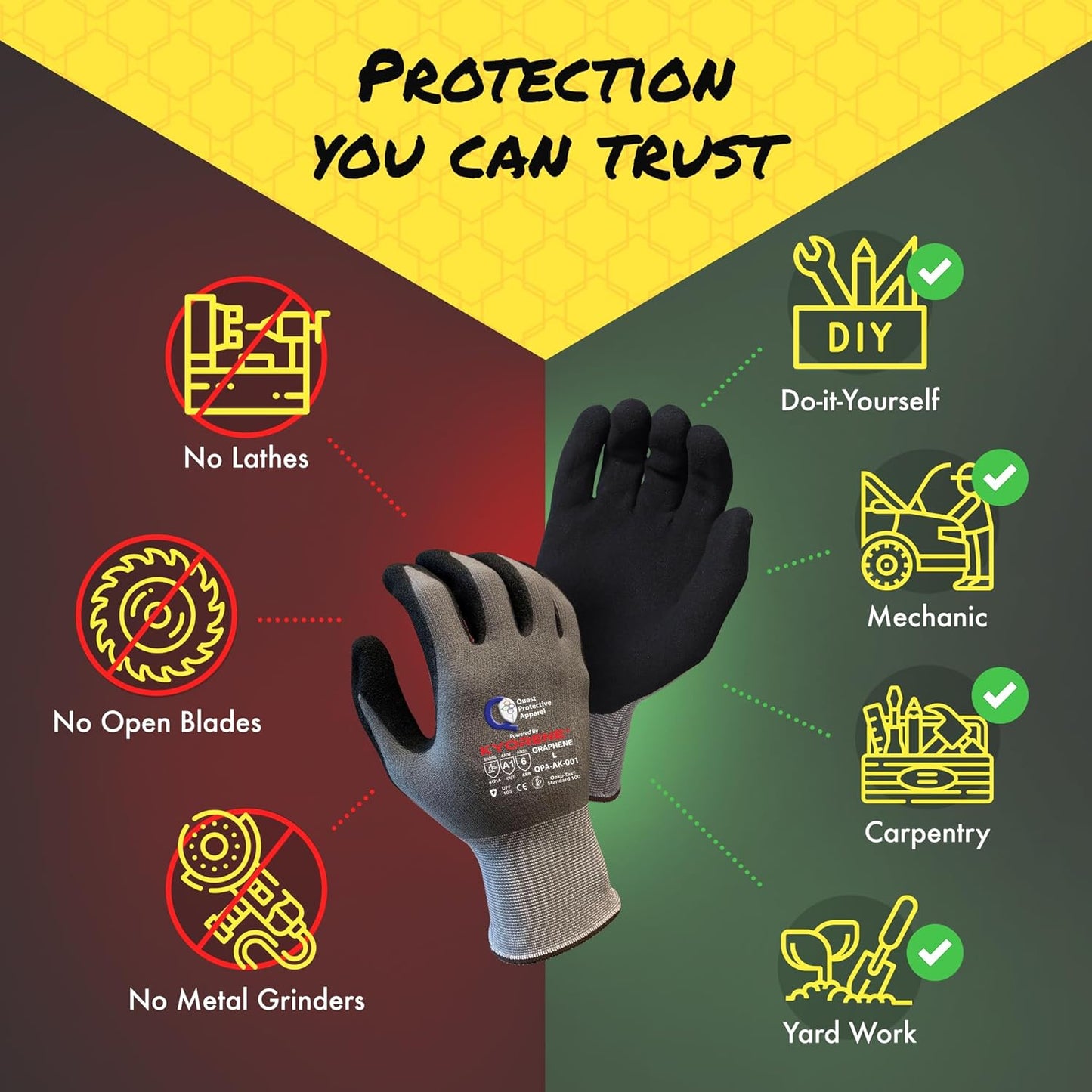 Quest Cut Resistant Work Gloves, ANSI A1, Large, Pack of 3 | Lightweight breathable grip gloves for gardening, DIY, mechanical and general handling; unisex