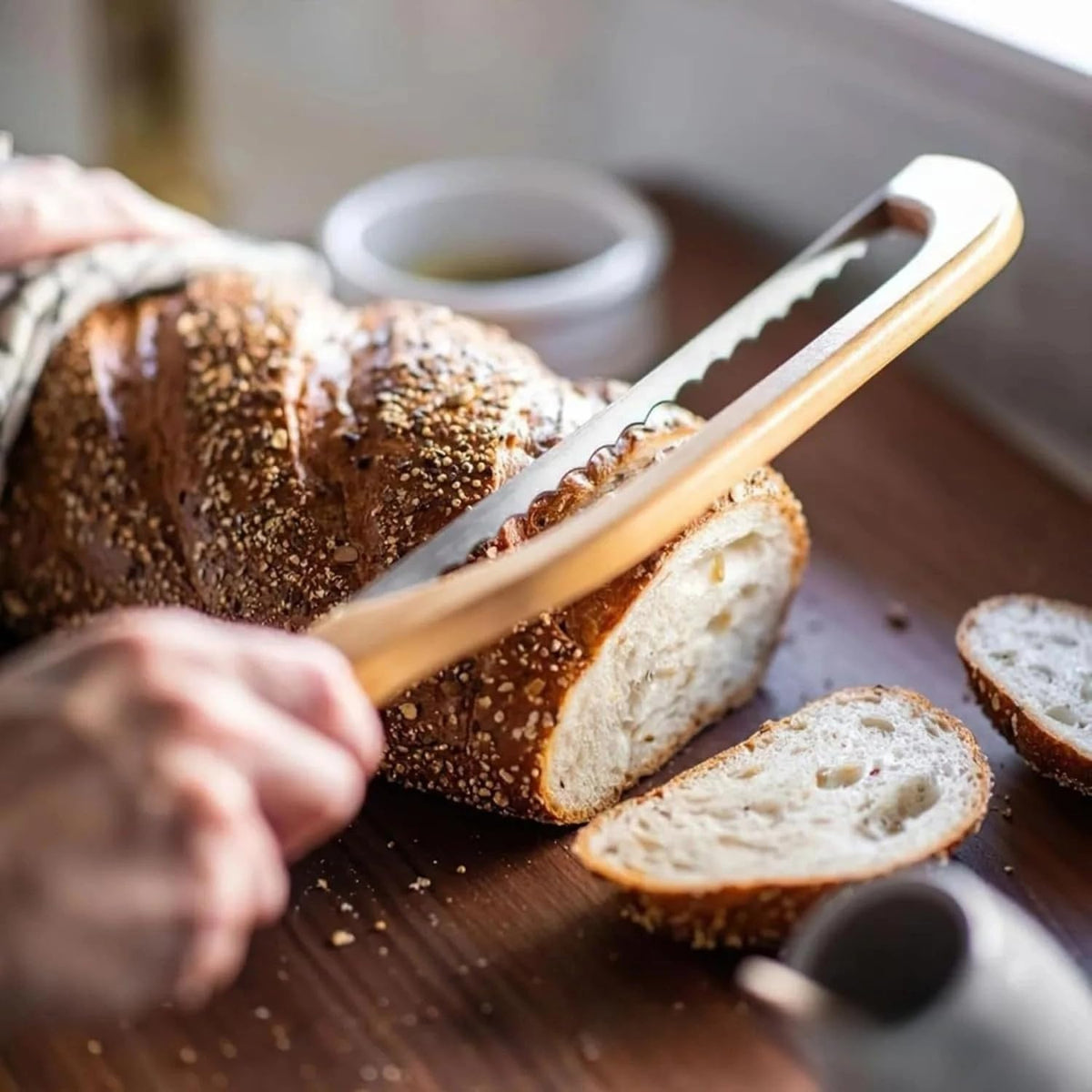 Wooden Sourdough Bread Cutting Board with Integrated Knife | Manual Sourdough Bread Knife, For Homemade Sourdough, Baguette, Bagels, Bakers Gift