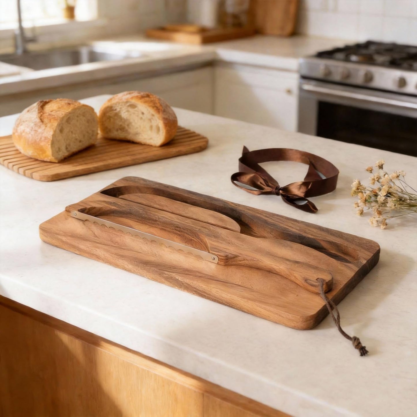 Wooden Sourdough Bread Cutting Board with Integrated Knife | Manual Sourdough Bread Knife, For Homemade Sourdough, Baguette, Bagels, Bakers Gift