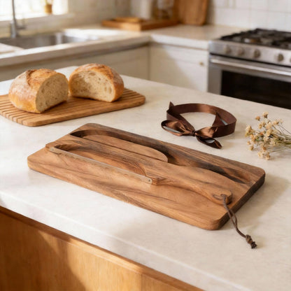 Wooden Sourdough Bread Cutting Board with Integrated Knife | Manual Sourdough Bread Knife, For Homemade Sourdough, Baguette, Bagels, Bakers Gift