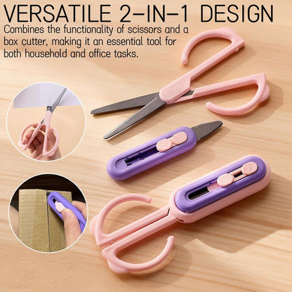 Magnetic Scissors and Box Cutter Set - Retractable Utility Knife with Serrated Blade, Non-Stick Fluorine Coating, Safe and Always Handy for Kitchen and Office Use (Milk Green)