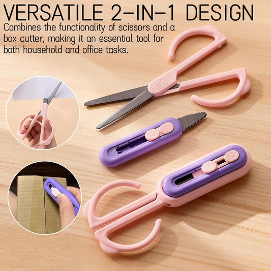 Magnetic Scissors and Box Cutter Set - Retractable Utility Knife with Serrated Blade, Non-Stick Fluorine Coating, Safe and Always Handy for Kitchen and Office Use (Milk Green)
