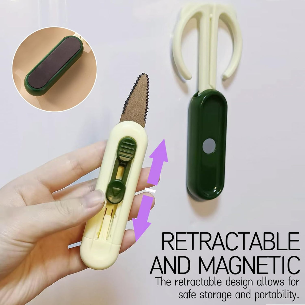 Magnetic Scissors and Box Cutter Set - Retractable Utility Knife with Serrated Blade, Non-Stick Fluorine Coating, Safe and Always Handy for Kitchen and Office Use (Milk Green)