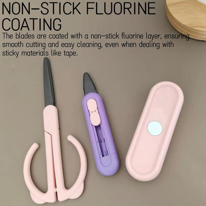 Magnetic Scissors and Box Cutter Set - Retractable Utility Knife with Serrated Blade, Non-Stick Fluorine Coating, Safe and Always Handy for Kitchen and Office Use (Milk Green)
